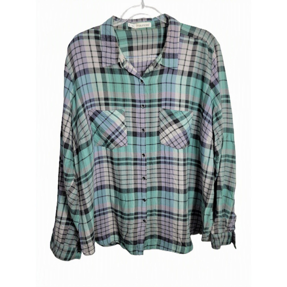 Maurices Womens 3X Button Down Green Purple Plaid Long Sleeve Back Button Detail